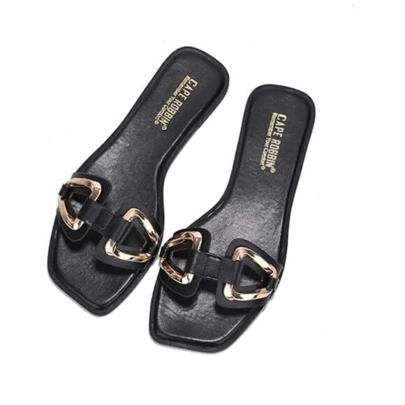 Jocha Stylish Summer Slide Sandals with Gold Accent Chain - Nude & Black - Picture 4 of 8